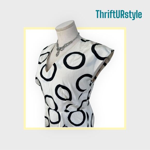 White Circle Print V-Neck Dress Cocktail Party Career Modern‎ Chic - Picture 3 of 4
